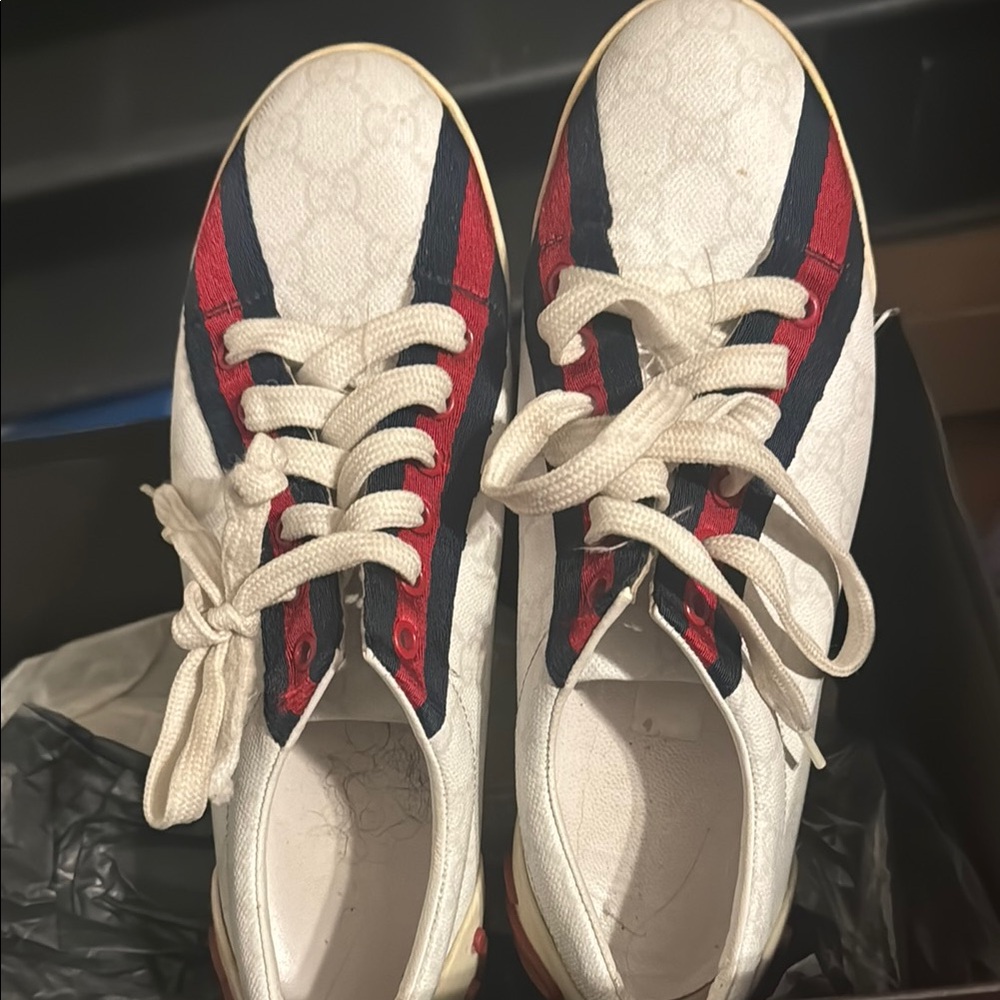 Gucci White Sneakers with Red and Blue Stripes